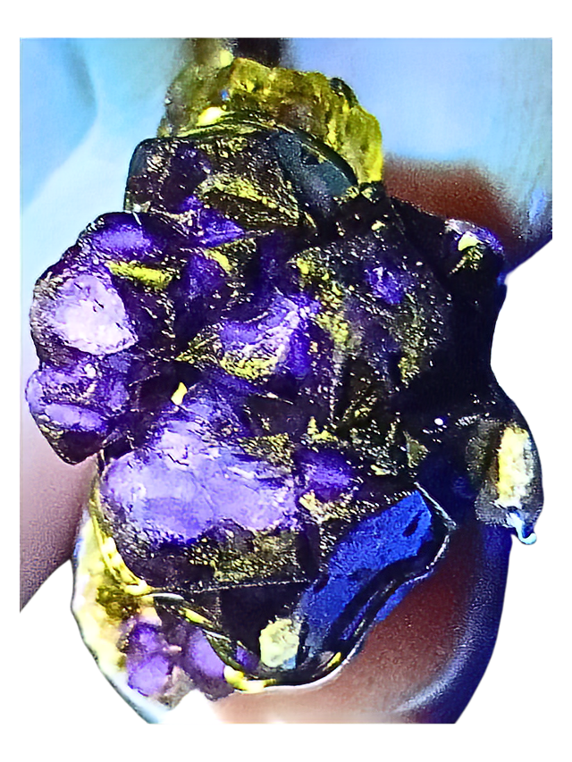 Heliodoro (Berilo Amarelo) EXTRA e Scheelita Roxa Fluorescente - Pingente Artesanal & Colar Ródio Branco